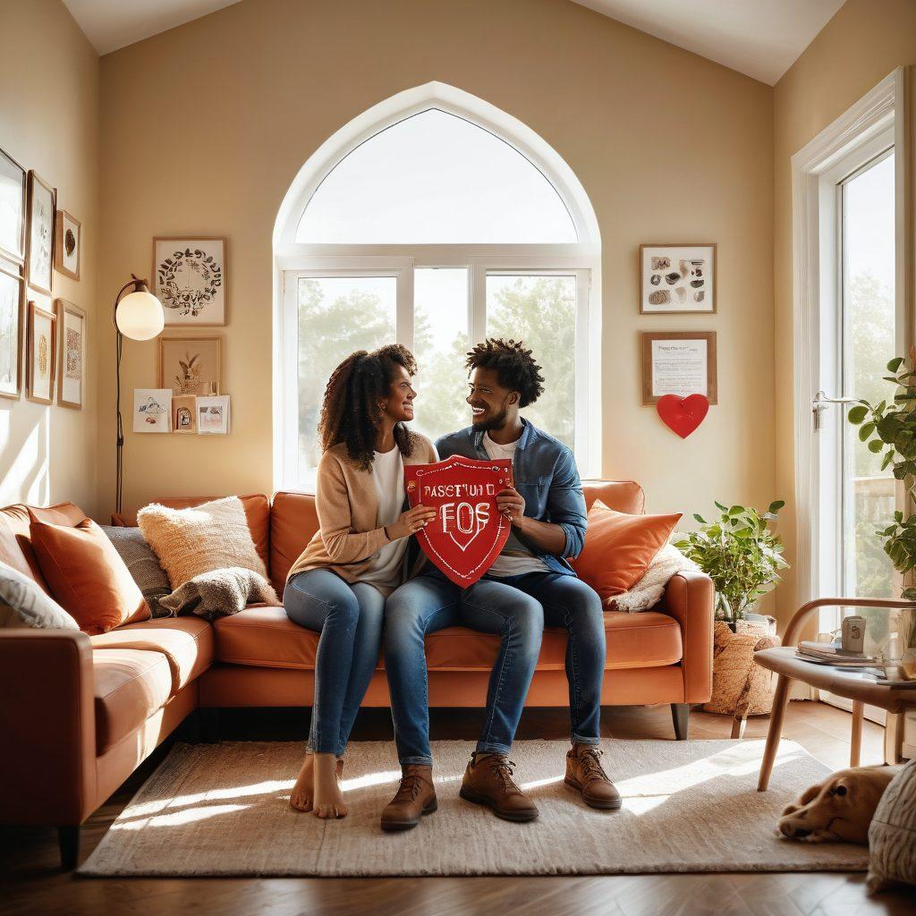 A warm and inviting scene of a couple in a cozy home, surrounded by symbols of security such as a shield, hearts, and a home insurance policy in hand. The couple looks joyful and secure, with soft sunlight streaming through the window, creating an atmosphere of hope and partnership. Include elements like a safe, a pet, and shared family moments in the background to emphasize togetherness and protection. super-realistic. vibrant colors. cozy atmosphere.