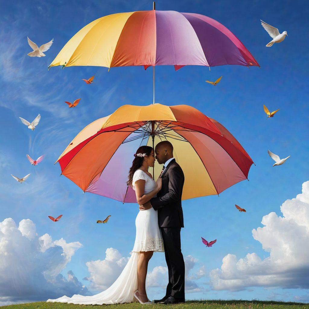 A serene couple standing together under a vibrant umbrella shaped like a heart, surrounded by floating insurance documents and symbols of love such as doves and wedding rings. The background features a bright, sunny sky with a rainbow, symbolizing hope and protection in relationships. The scene conveys warmth, security, and love, inviting readers to explore ways to safeguard their partnerships. super-realistic. vibrant colors. white background.